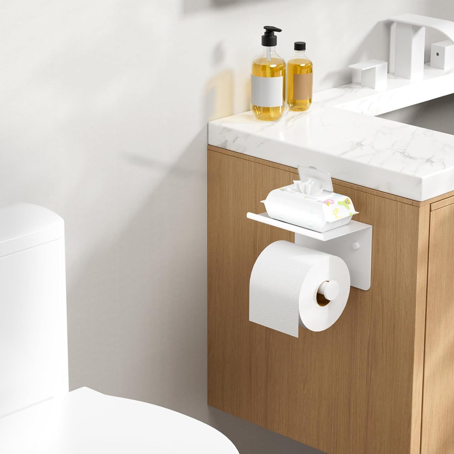 FORIOUS Toilet Paper Holder with Shelf, Adhesive or Screw, Commercial | Brushed Nickel | Wall Mount Bathroom Tissue Holder | SUS304 Stainless Steel Rustproof | Bathroom Tissue Roll Holder