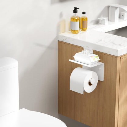 FORIOUS Toilet Paper Holder with Shelf, Adhesive or Screw, Commercial | Brushed Nickel | Wall Mount Bathroom Tissue Holder | SUS304 Stainless Steel Rustproof | Bathroom Tissue Roll Holder
