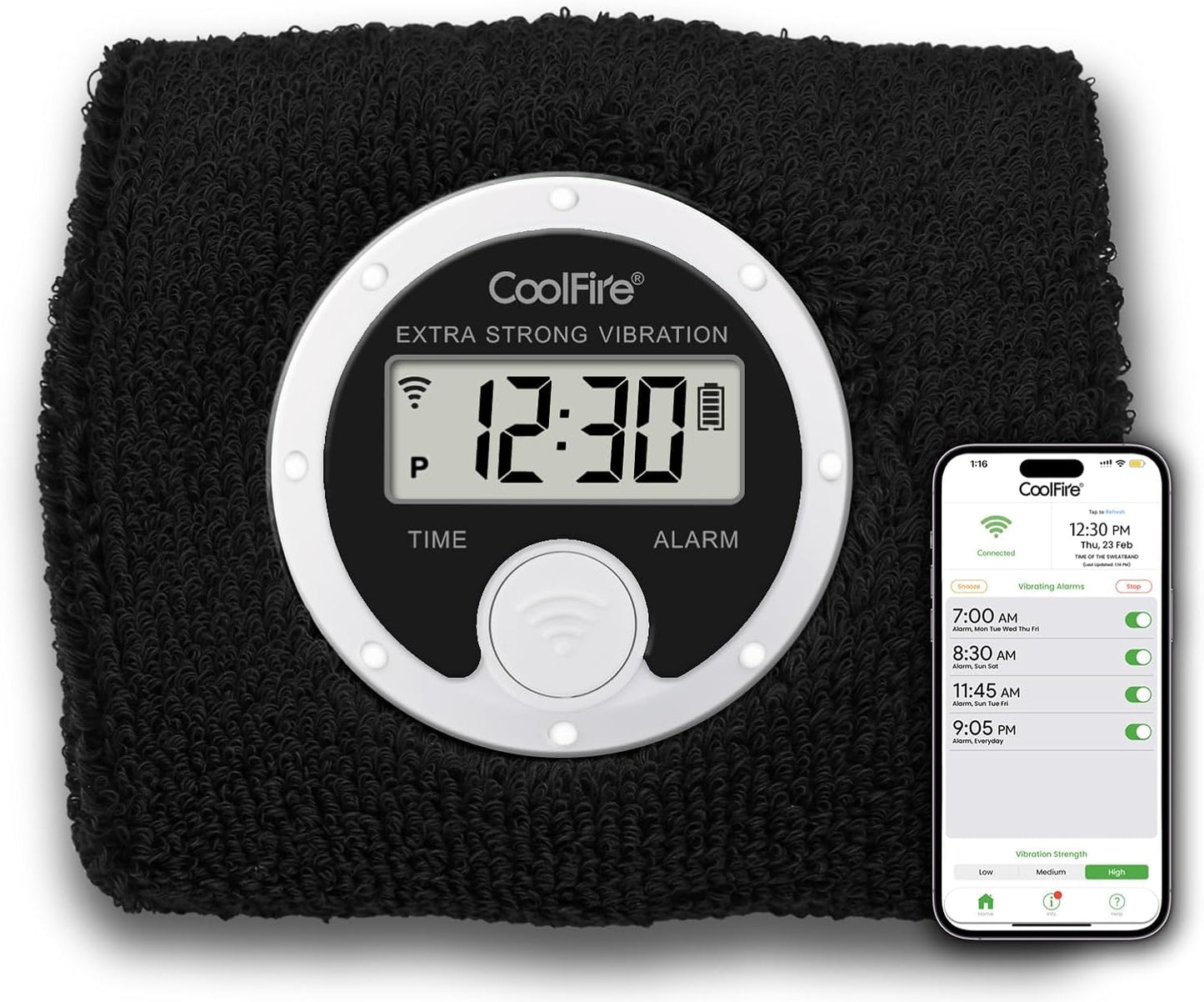 Coolfire - Vibrating Alarm Clock Sweatband, Silent Wake Yourself Up Wristband Vibrating Alarm Watch for Couples, Students, Easy to Set on User-Friendly App, Hearing Impaired, USB Chargeable