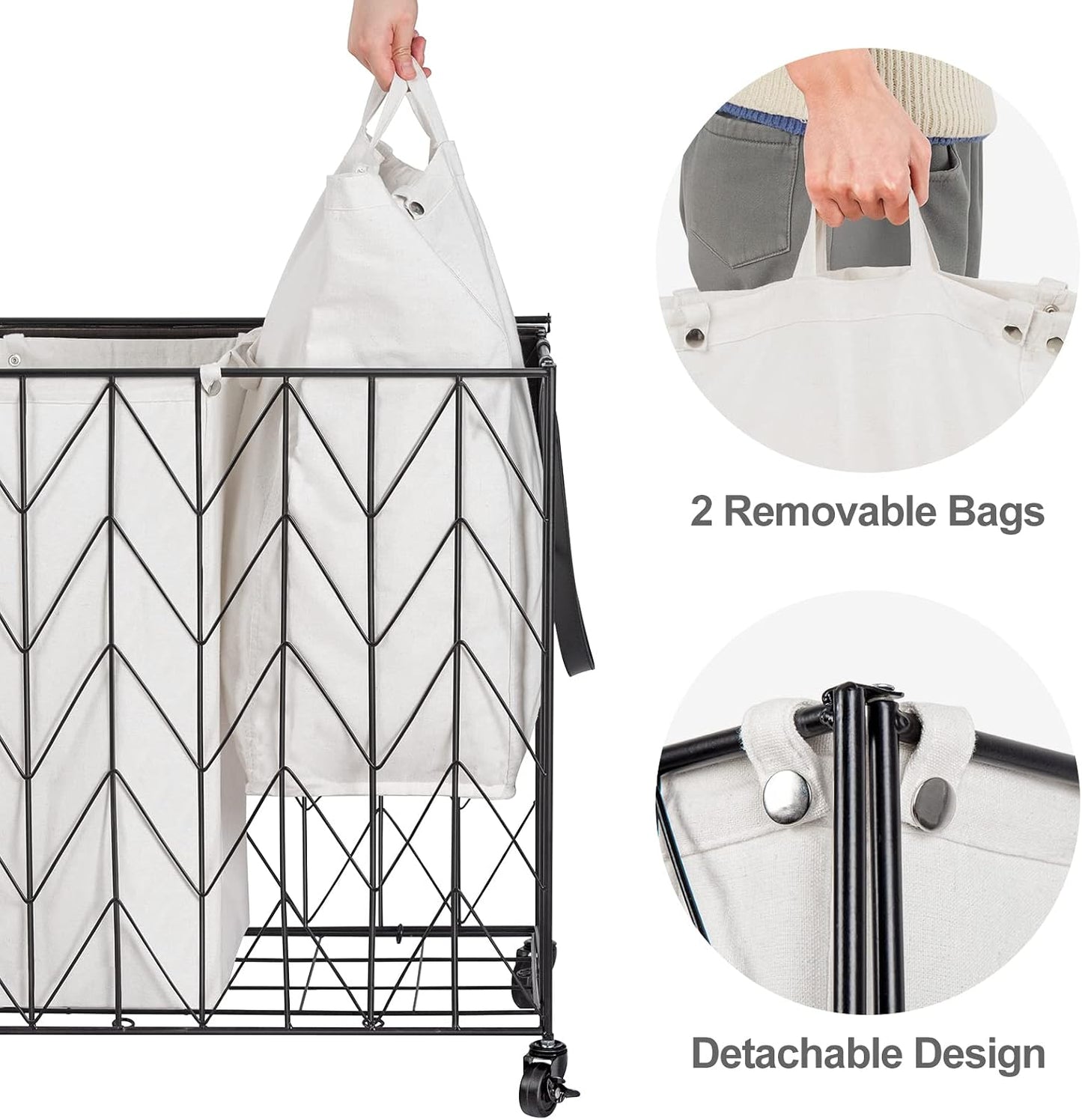 WOWLIVE Laundry Hamper 3 Section with Lid, 142L Laundry Basket with Wheels | Rolling Dirty Clothes Hamper with Removable Bags, Large Iron-Made Laundry Basket Organizer Laundry Sorter for Dorm, Beige