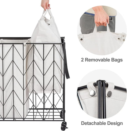 WOWLIVE Laundry Hamper 3 Section with Lid, 142L Laundry Basket with Wheels | Rolling Dirty Clothes Hamper with Removable Bags, Large Iron-Made Laundry Basket Organizer Laundry Sorter for Dorm, Beige