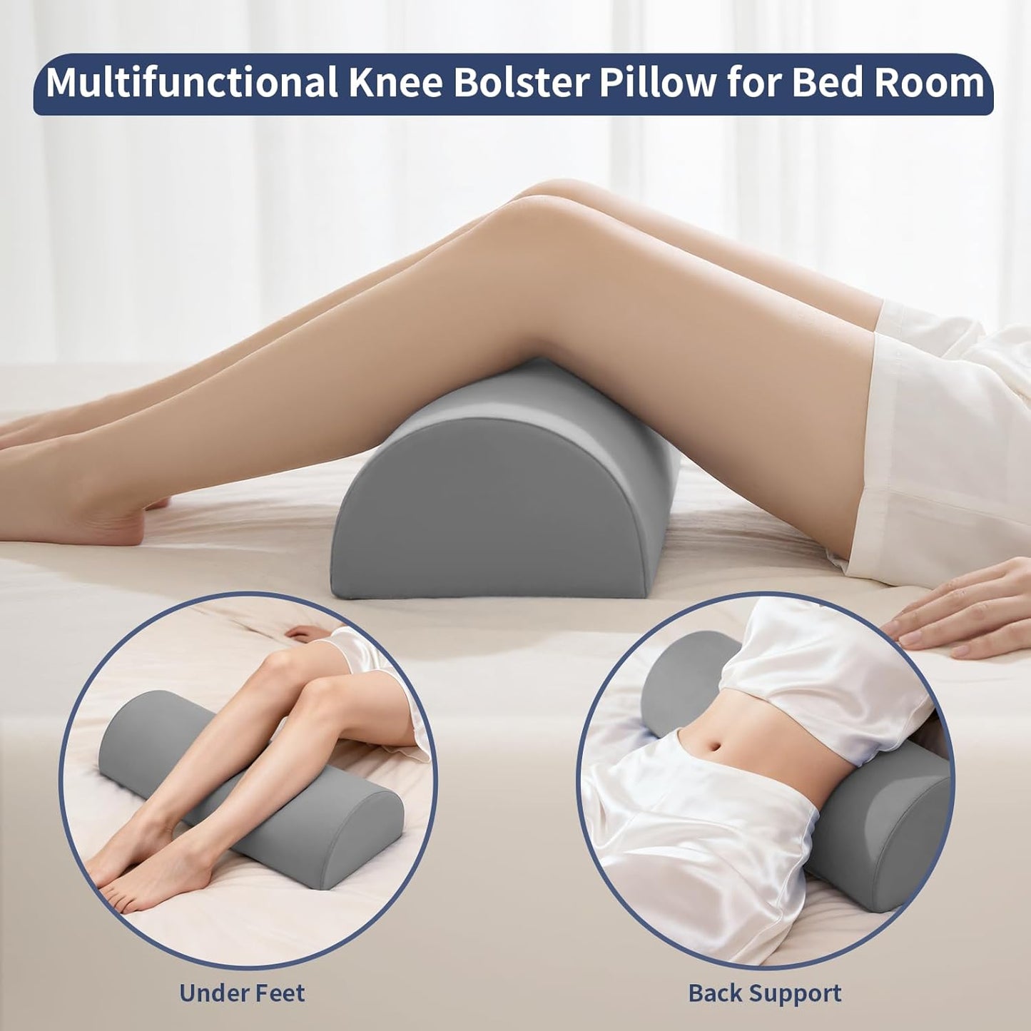 Knee Pillow for Back Sleeping - Half Moon Bolster Pillow for Legs - Cooling Under Knee Pillow for Sleeping on Back, Leg Support, Foot Elevation (Misty Blue)