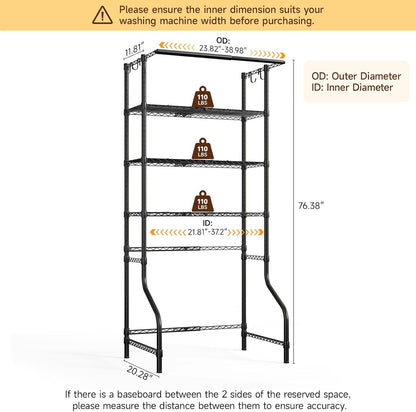 3 Tiers Expandable Over Washer and Dryer Shelves, White | Laundry Room Organization and Storage with Hanger Rod, 4 Hooks, Adjustable Height Metal Freestanding Clothes Drying Rack
