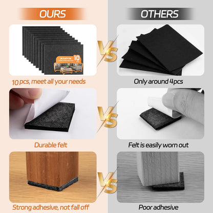 Felt Furniture Pads 10pcs 8" x 6" Adhesive Large Felt Pads, Cuttable | Chair Leg Pads, Hardwood Floor Protectors for Furniture, Black