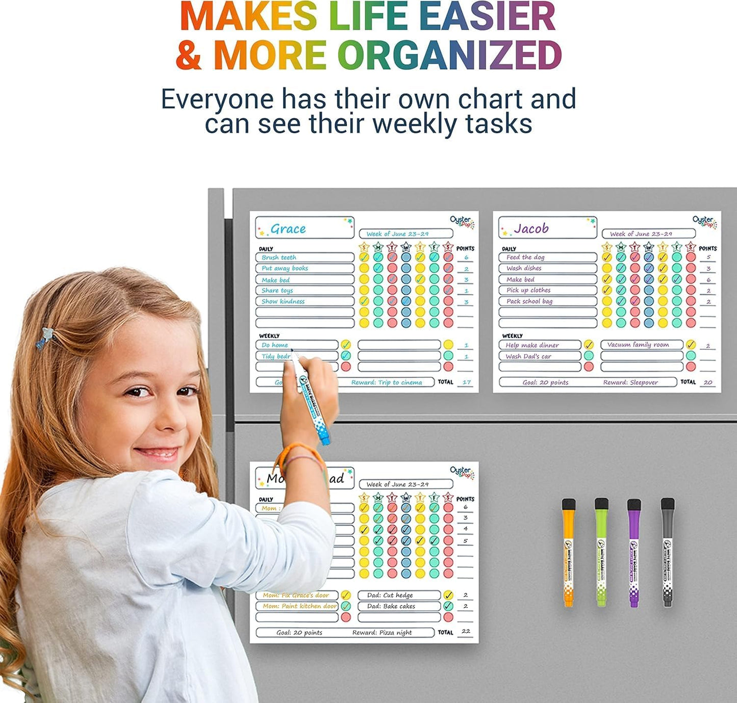 Oyster&Pop Black Chore Charts for Multiple Kids - 3 Pack Magnetic Dry Erase | Build responsibility, independence and routines - give kids and teens their own black magnetic board and weekly rewards