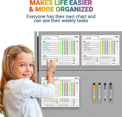 Oyster&Pop Black Chore Charts for Multiple Kids - 3 Pack Magnetic Dry Erase | Build responsibility, independence and routines - give kids and teens their own black magnetic board and weekly rewards