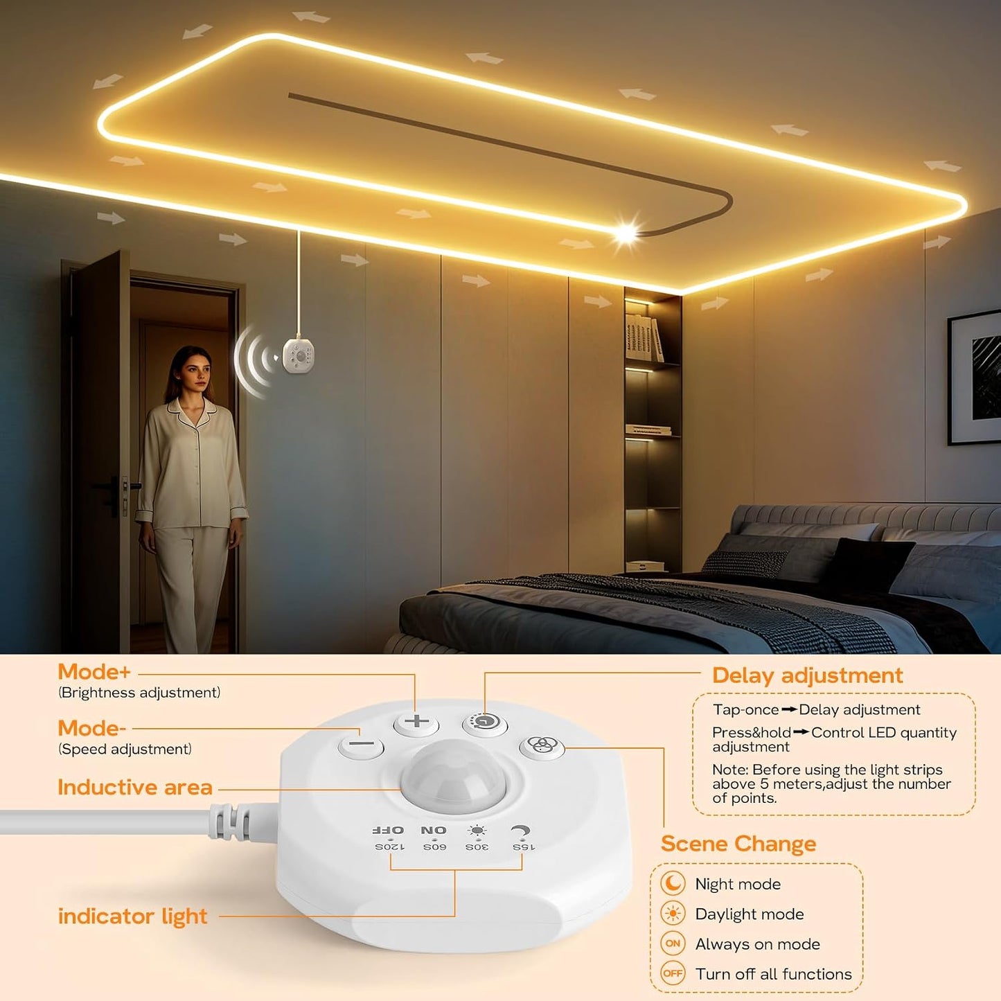 Motion Sensor LED Strip Lights 32.8ft 6500K White with Running Water Effect | Cool white running water flowing motion activated led stair lights, dimmable & auto-off timer,24v for kitchen,corridor,indoor