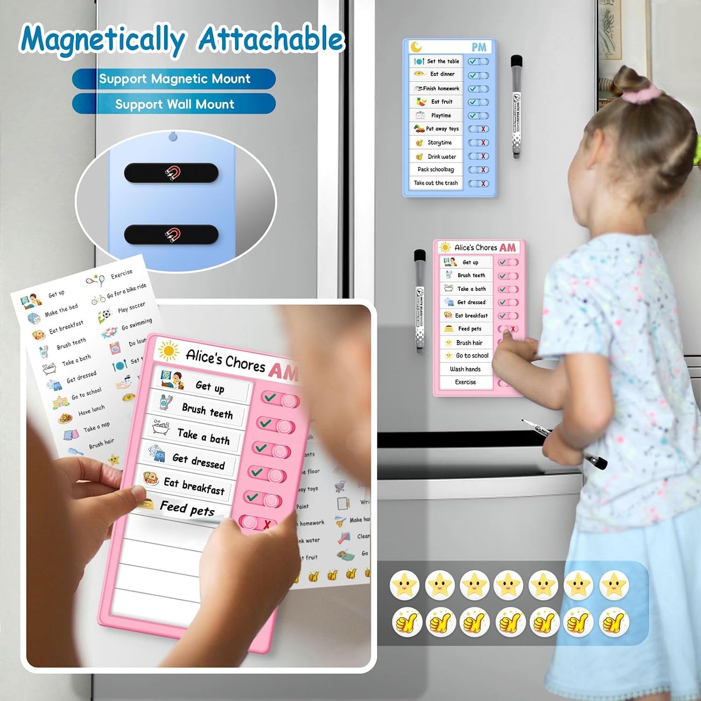 2 Pcs Chore Chart for Kids, Morning/Bedtime Routine Chart, Dry Erase to Do List, Magnetic Checklist, Visual Schedule for Kids (bluepink)