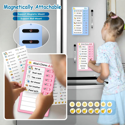2 Pcs Chore Chart for Kids, Morning/Bedtime Routine Chart, Dry Erase to Do List, Magnetic Checklist, Visual Schedule for Kids (bluepink)