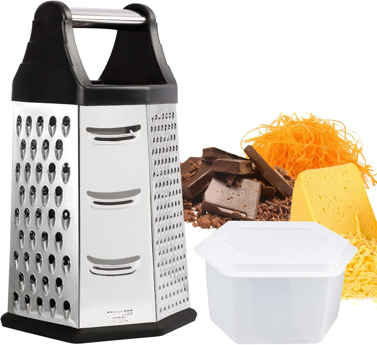 Box Grater, Cheese Grater Shredder Stainless Steel with 6 Sides, Best for Parmesan Cheese, Vegetables, Potatoes, Carrot, Ginger, Mandoline Vegetable Slicer with Detachable Container, Silver