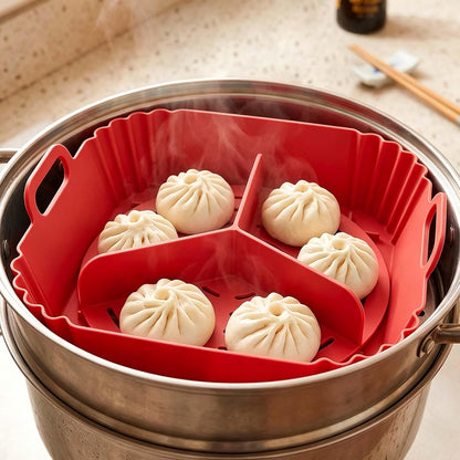 2 Pack Square Silicone Air Fryer Liners, With Round Divider Split for 3 Flavors, Reusable Silicone Basket, Air Fryer Accessories, 1 Pack Red + 1 Pack Black
