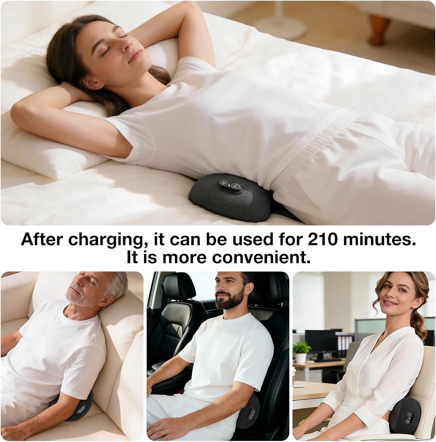 Upgraded 3-in-1 Portable Lumbar Pillow for Back Relief, Smooth Spine Triple Fusion Back Massager with Stretch, Vibration & Heat for Deep Relaxation on Bed, Sofa & Car