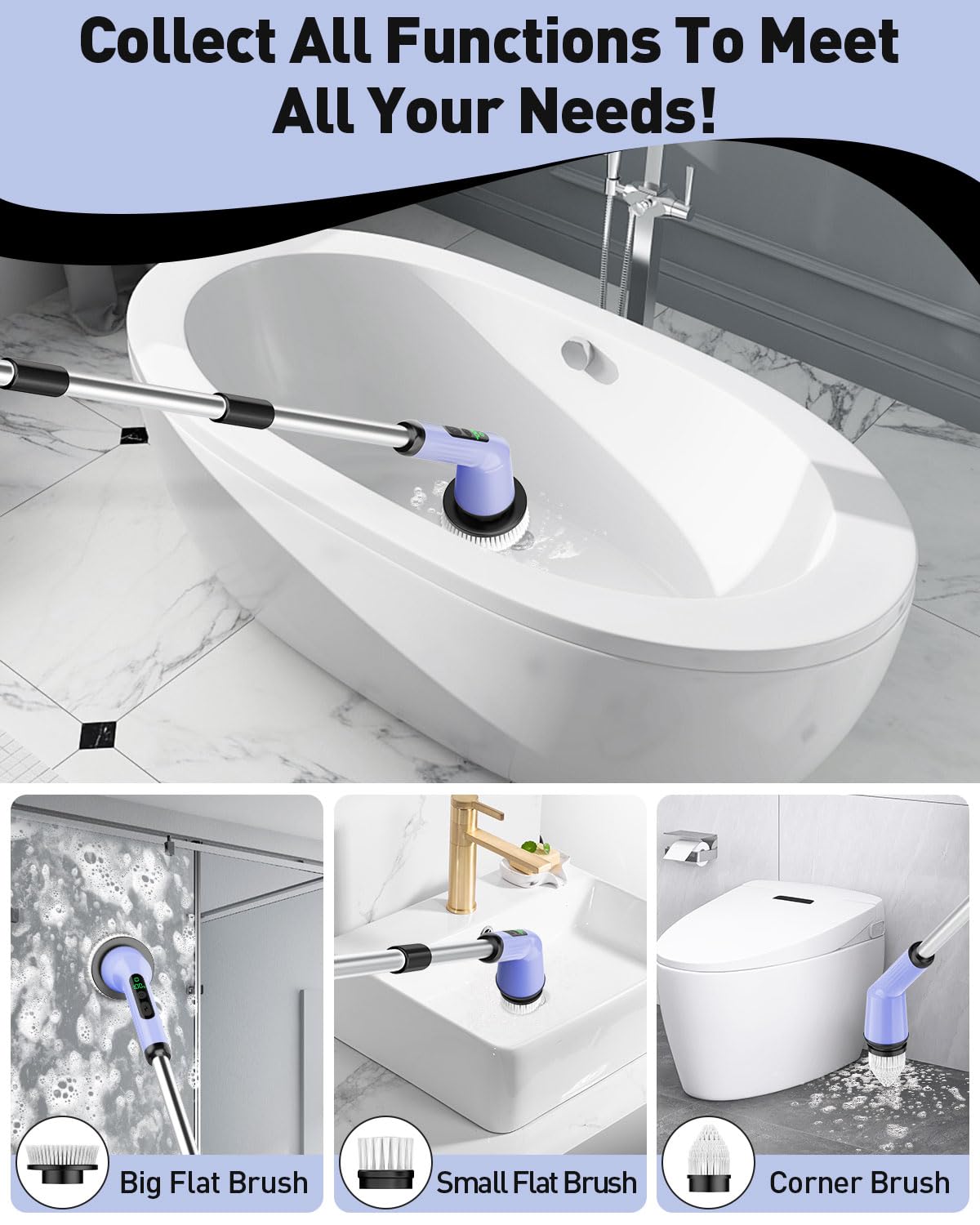Electric Spin Scrubber for Bathroom, Shower Scrubber with Long Handle | Shower Cleaner Brushes, IPX7 Waterproof & 2 Speed, 3 Brush Heads, 90min Runtime, Bathroom Cleaning Supplies for Toilet Tub