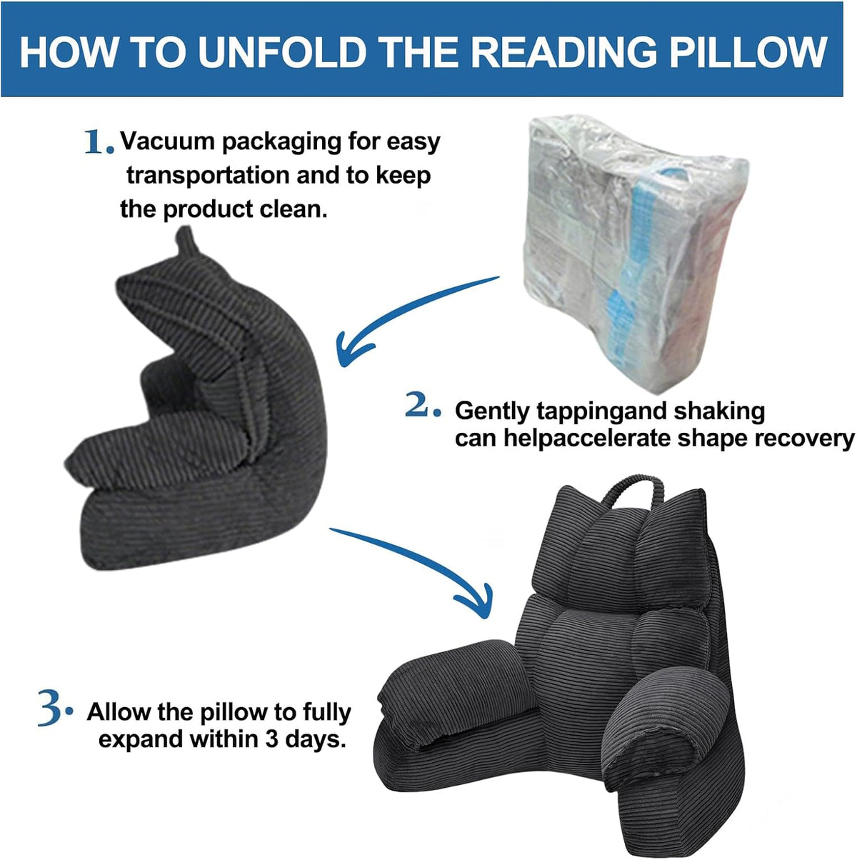 Reading Pillow for Bed with Arms, Back Support, Memory Foam（Grey Black）