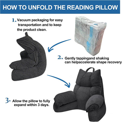 Reading Pillow for Bed with Arms, Back Support, Memory Foam（Grey Black）