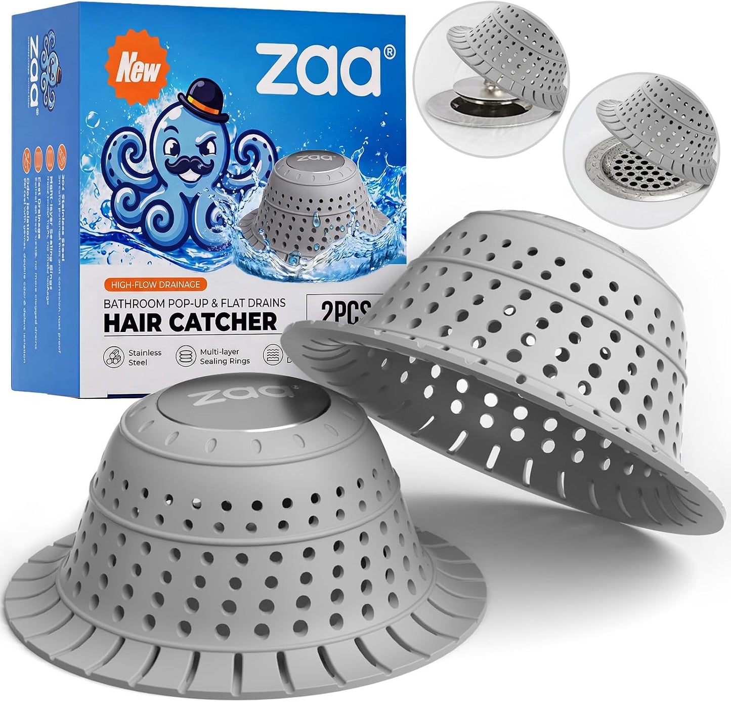 Bathtub Drain Strainer Silicone Bathroom Stopper Fixture Accessories | 2-Pack Gray Collapsible Shower Drain Hair Catcher for Pop Up Tubs, Traps Hair Before Clogs, Easy Clean for Bathroom Sinks