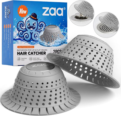 Bathtub Drain Strainer Silicone Bathroom Stopper Fixture Accessories | 2-Pack Gray Collapsible Shower Drain Hair Catcher for Pop Up Tubs, Traps Hair Before Clogs, Easy Clean for Bathroom Sinks
