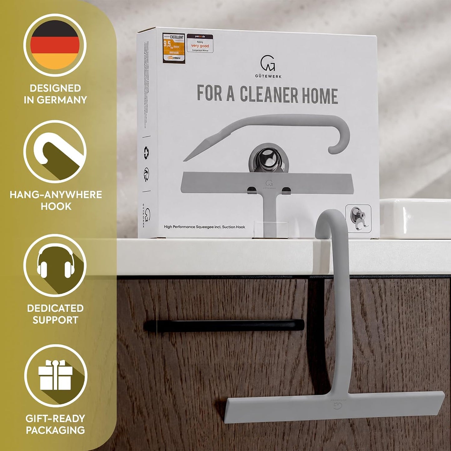 Shower Squeegee for Glass Doors, 10″ Black with No-Drill J-Hook | Hang Anywhere Without Adhesive, Seamless One-Piece Silicone, Encased Steel Core, Streak-Free Shower Squeegee for Glass & Tile