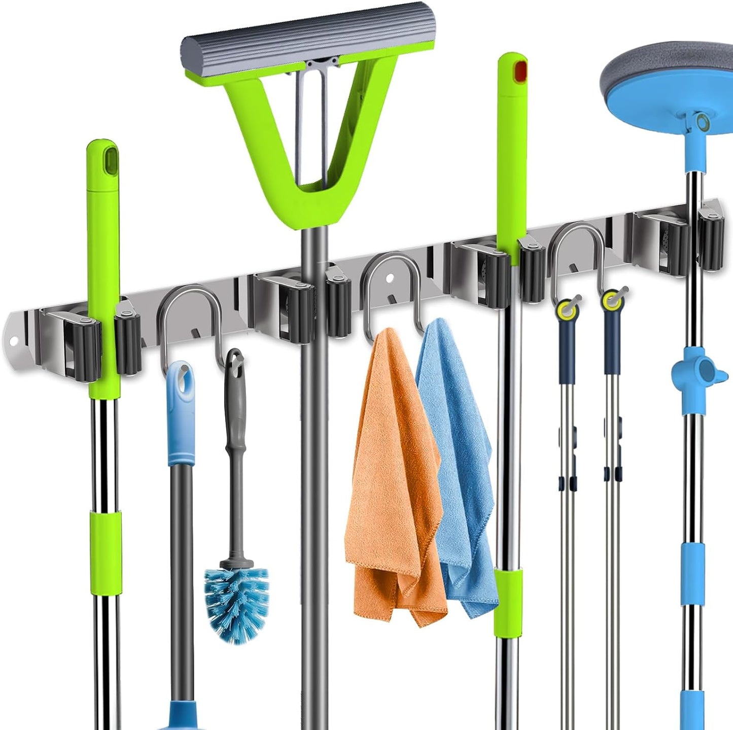 Mop Broom Holder Wall Mount, Gold Stainless Steel Tool Storage Organizer for Kitchen Garden Garage Laundry Room Bathroom and RV with 4 Slots 6 Hooks