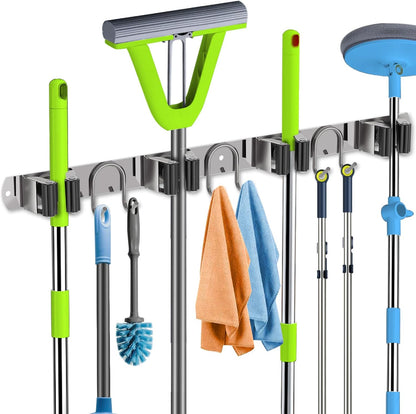 Mop Broom Holder Wall Mount, Gold Stainless Steel Tool Storage Organizer for Kitchen Garden Garage Laundry Room Bathroom and RV with 4 Slots 6 Hooks