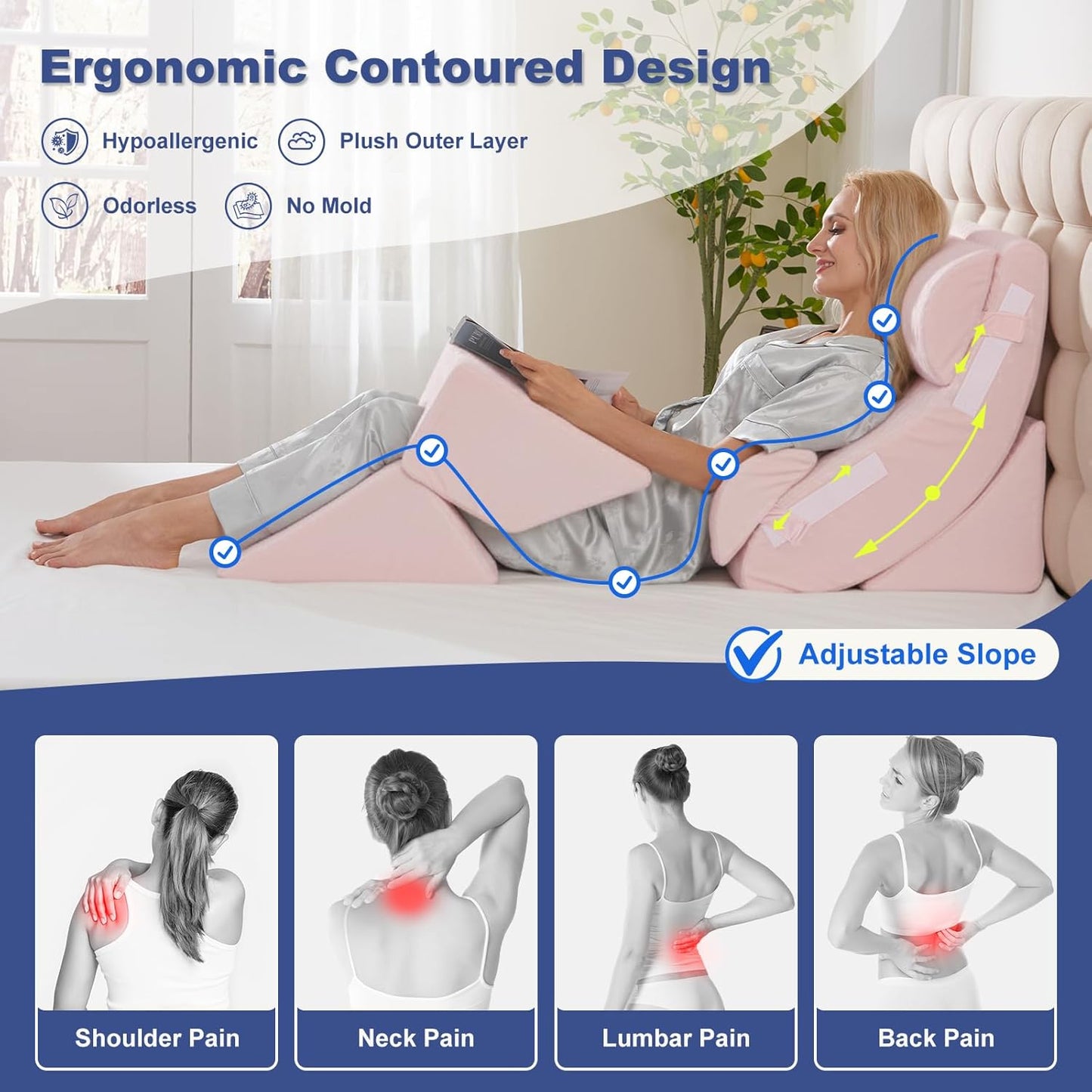 4PCS Orthopedic Bed Wedge Pillow Set for Sleeping, Post Surgery Foam Support Pillows for Back, Neck and Leg Pain Relief, Adjustable Triangle Pillow – Acid Reflux, GERD & Snoring Recovery, White Grey