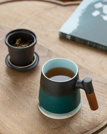 ZENS Tea Cup with Infuser and Lid & Coaster for Tea Steeper, 15oz Blue | Embossed Ceramic Tea Infuser Mug for Loose Leaf Tea Difussers, Tea Lovers Gifts, Nature Wood Handle