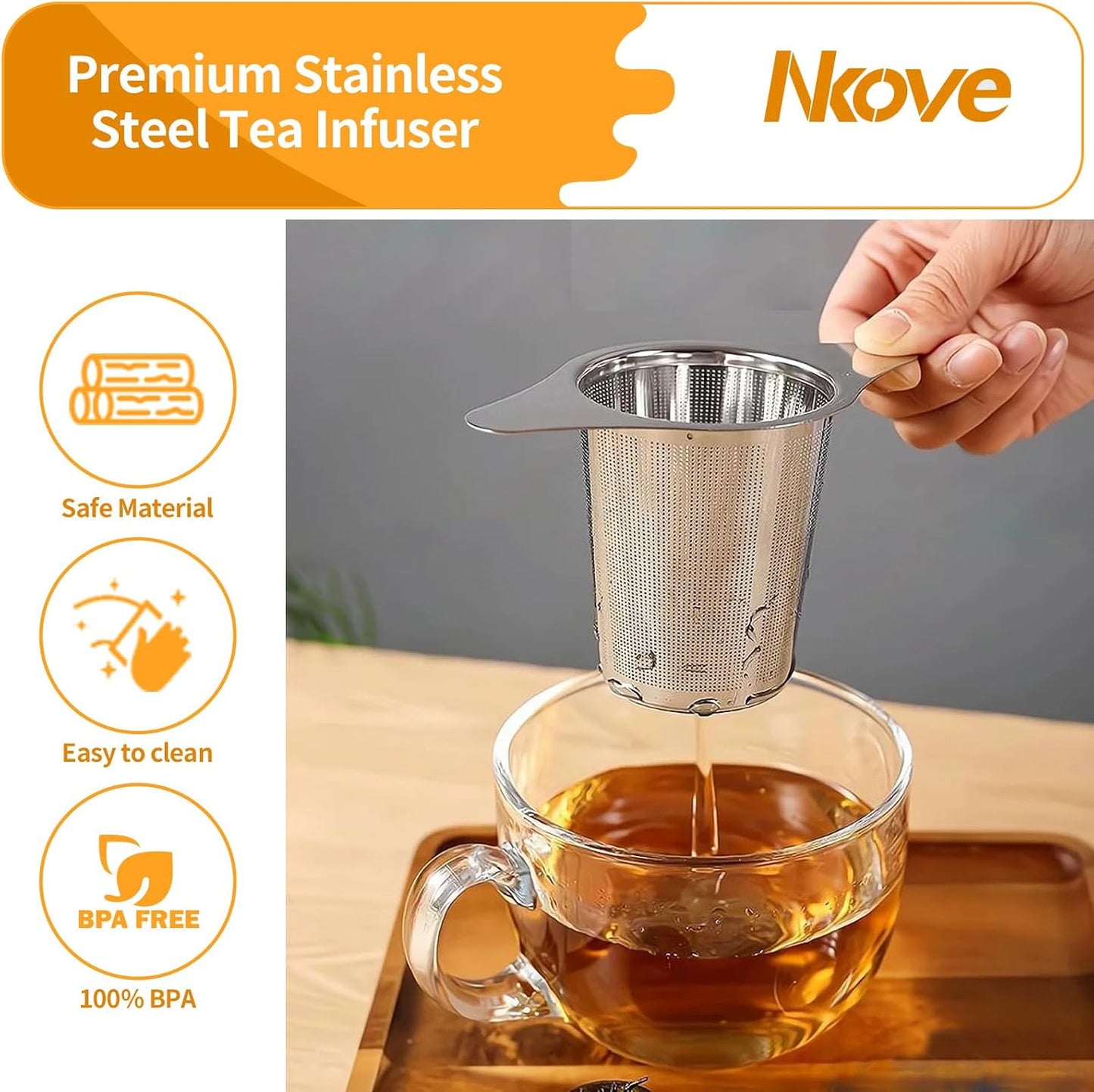 NKOVE Stainless Steel Tea Infuser, Loose Leaf Tea Strainer, Fine Mesh | Universal Tea Filter for Teapot Cup Mug, Reusable Tea Steeper Basket with Fine Mesh, Stainless Steel Infuser