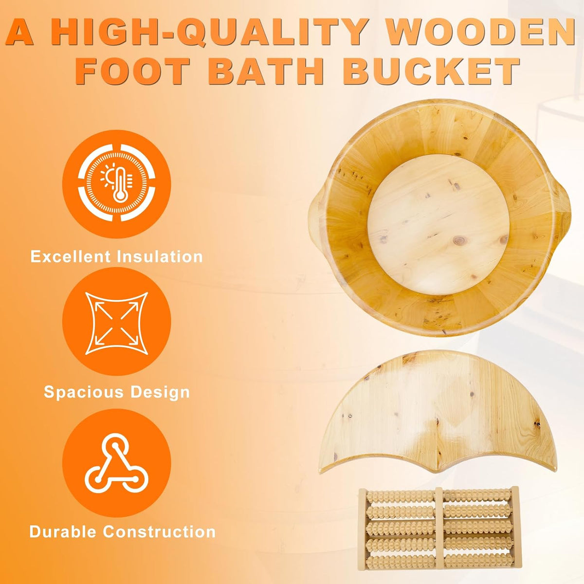 tonchean 15.74in*12.2in*10.23in Wooden Foot Bath Bucket, Thick Insulated Wooden Foot Basin with Massage Roller and Lid Foot Wash Bucket for Foot Bath, Massage, Spa Suitable for All Ages