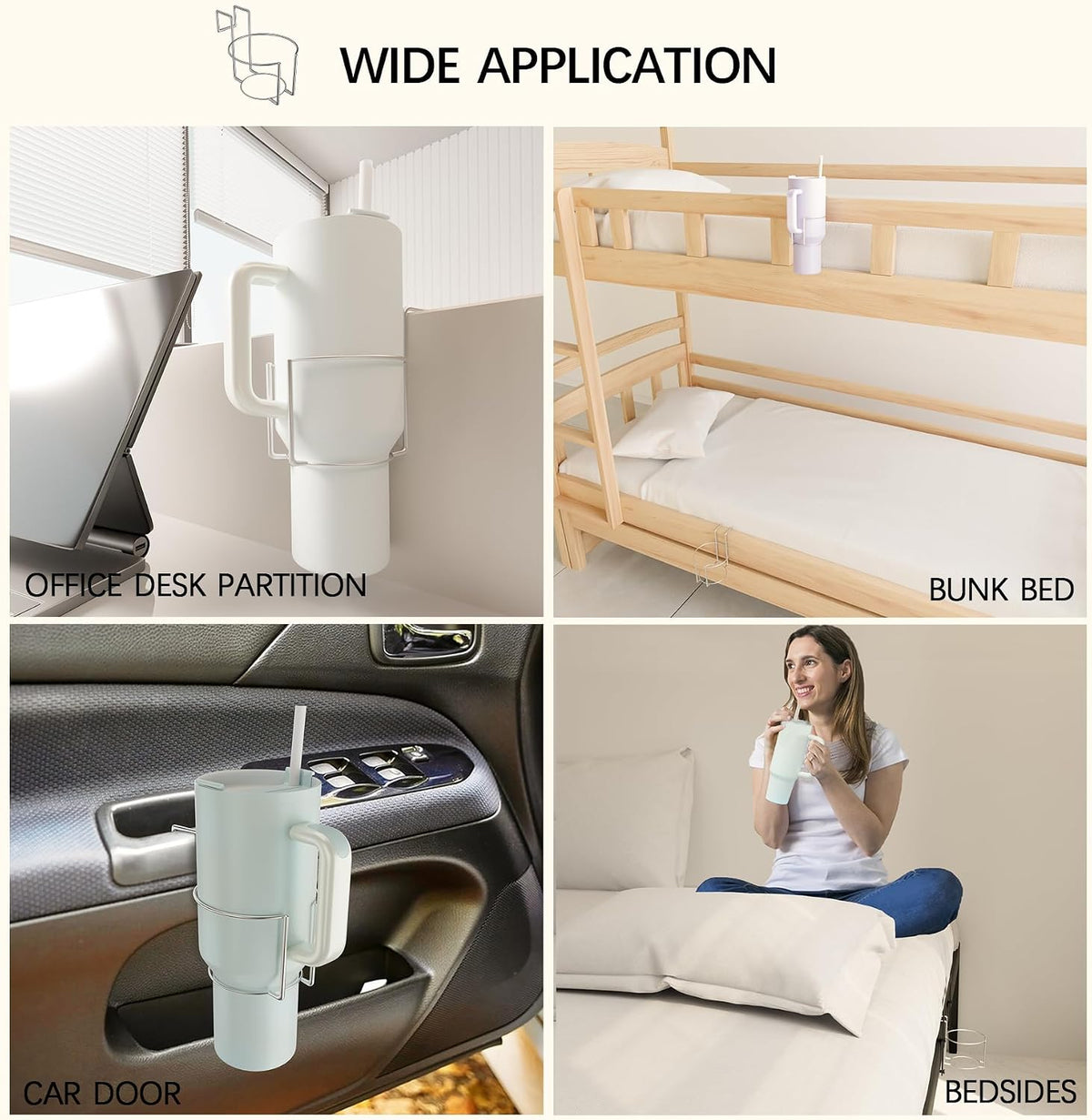 Cup Holder for Bed (Diameter: 3.3IN) Drink Holder Water Bottle/Glass Organizer for Wood Dorm Room Bunk Bed Crib, Metal Toddle Bed,Loft Bedside, Headbed, Car,Office Desk Partition