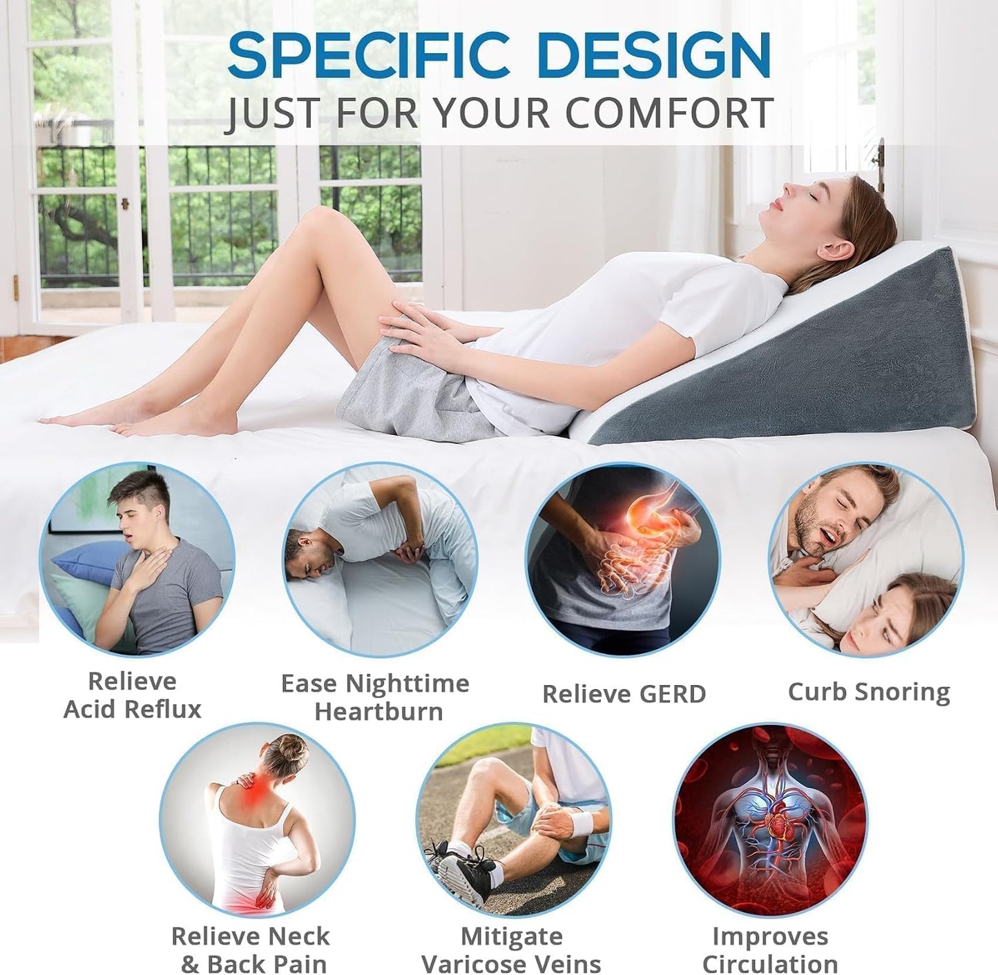 Sasttie Wedge Pillow 24x24x12 inch, Memory Foam Bed Wedge, Cool Grey | Triangle Pillow for Sleeping, Acid Reflux, Back Pain, Post-Surgery, and Snoring, Designed with Removable Washable Cover