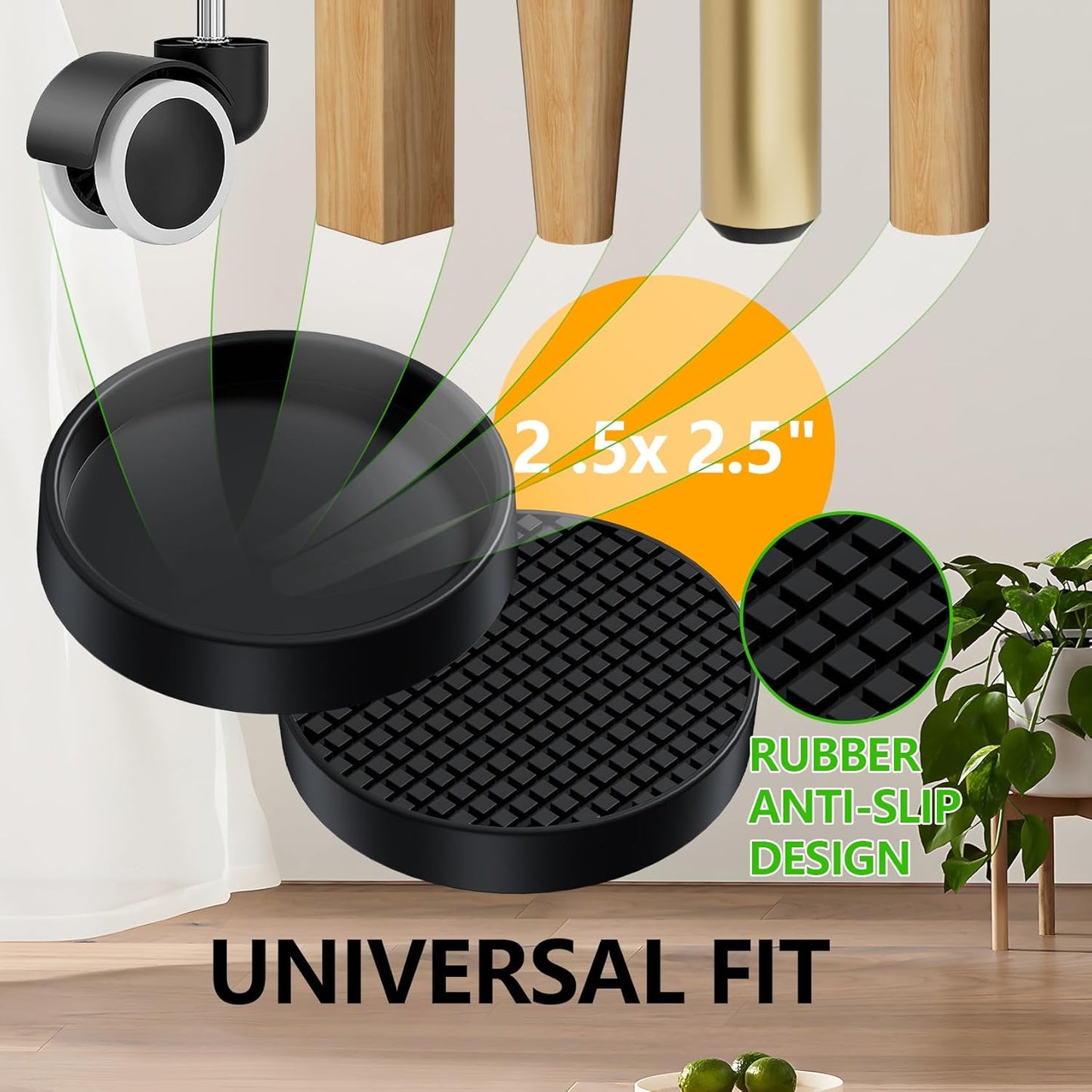 Non Slip Furniture Pads for Hardwood Floors - 12PCS 2" Caster Cups, Round | Furniture Stoppers to Prevent Sliding, Anti Slip Furniture Coasters Cup, Floor Protectors for Furniture Bed Couch Chair,Black