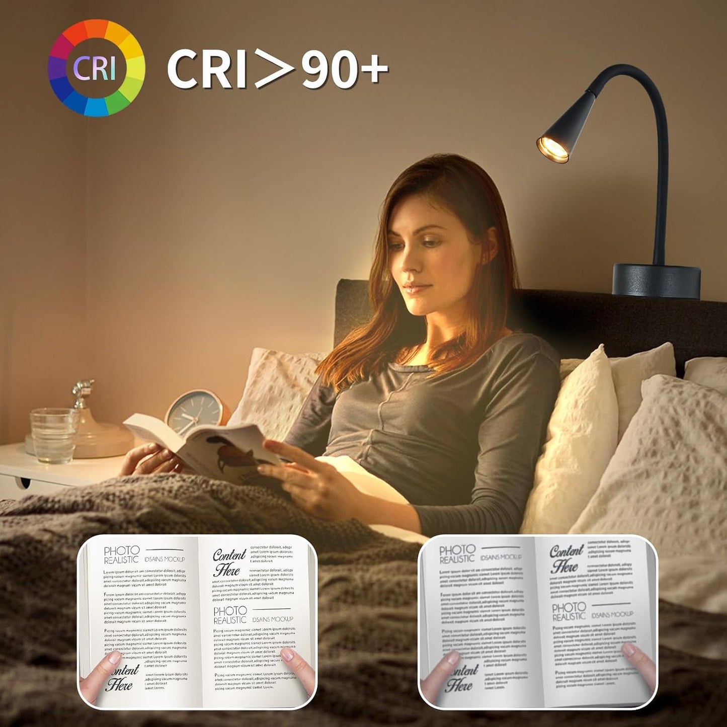 Black Headboard Reading Light, No Drilling Wall Mounted Reading Lights for Bedside, Book Light for Bedtime Reading, Buttonless Dimmable Reading Lamp, Movable Gooseneck Reading Sconces for Bedroom