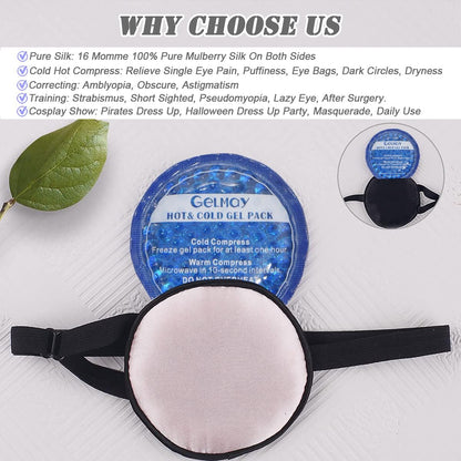 Cooling Eye Patches for Puffy Eyes, Pure Silk Ice Eye Patch, Single Eye Mask, Medical One Eye Cover Cold Hot Therapy Strabismus Lazy Eyes After Surgery Adult Kid Pirate Eyepatch (Black)