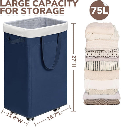 CHICVITA 75L Large Rolling Laundry Basket with Wheels & Wash Bag, Grey | Collapsible design saves space for corner dorms. Removable wash bag for easy laundry transport