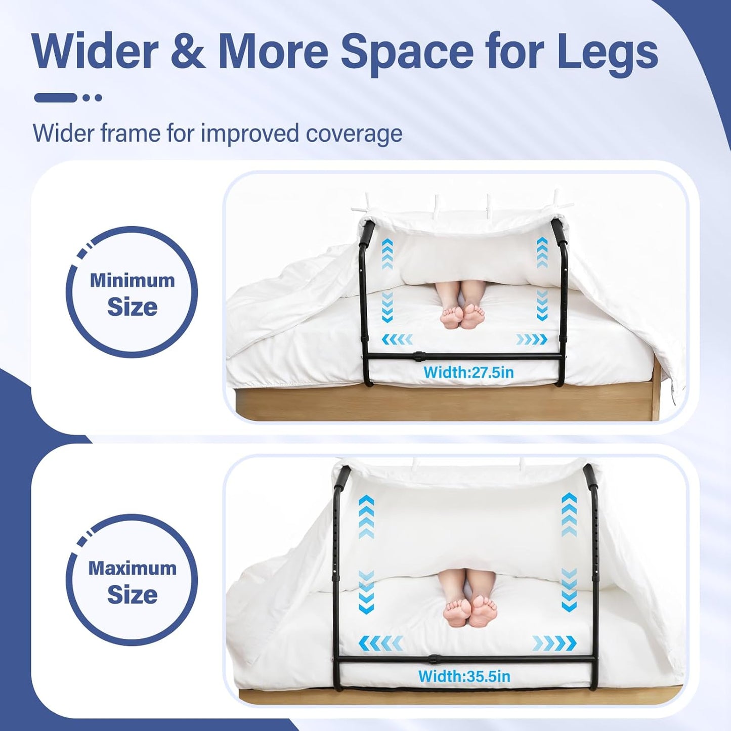 Blanket Lifter for Feet Under Mattress–Height Width Adjustable Bed Cradle Sheet Support, Extra-wide Foot Tent Keep Blankets Off Feet for Post Surgery Recovery Neuropathy Arthritis, 4 Clips Included