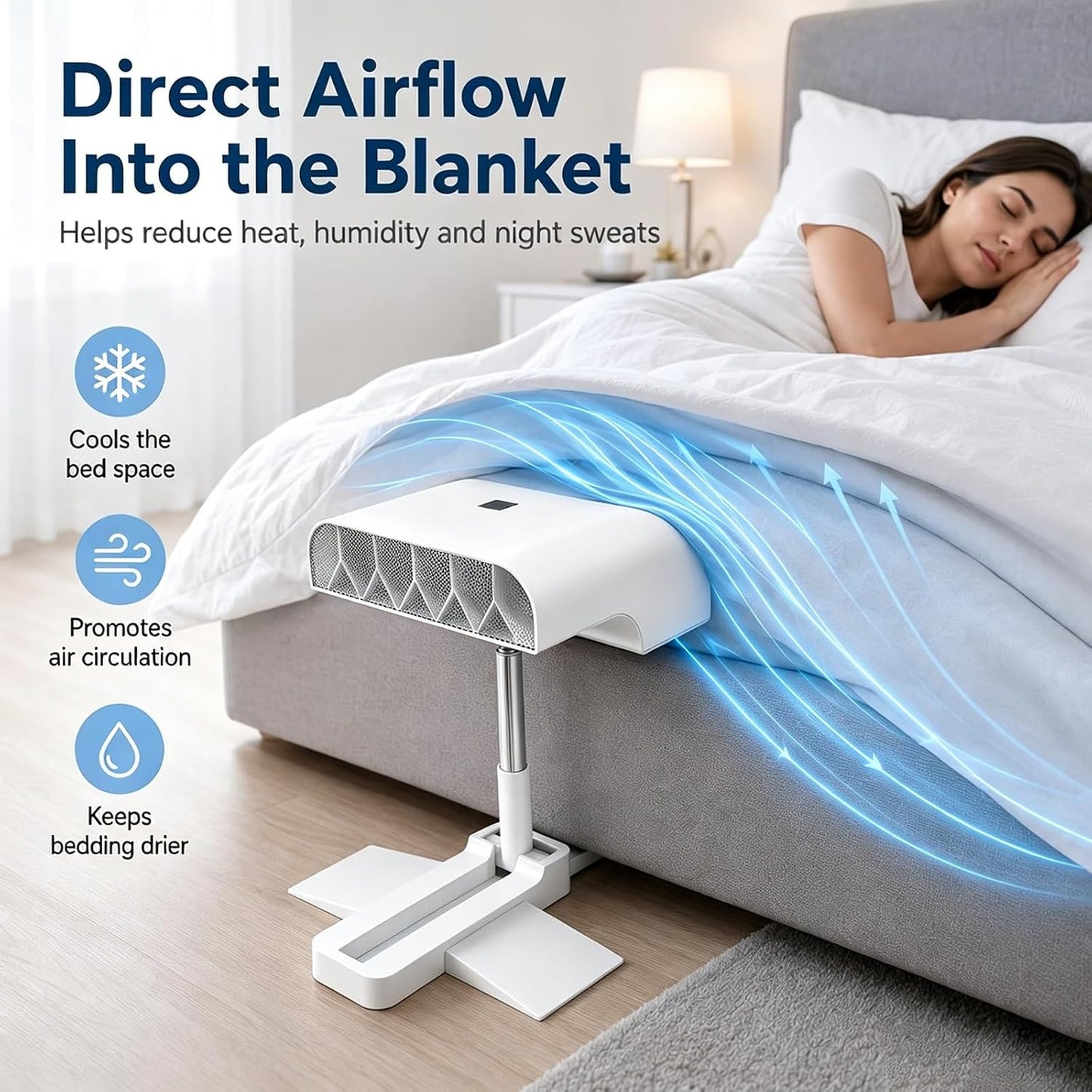 Under Sheet Cooling Fan, Mattress Air Circulator with Portable Remote, 5-Speed Quiet Personal Bedside Ventilator, Height Adjustable 22-53cm Stand, Cordless Sleep Comfort System