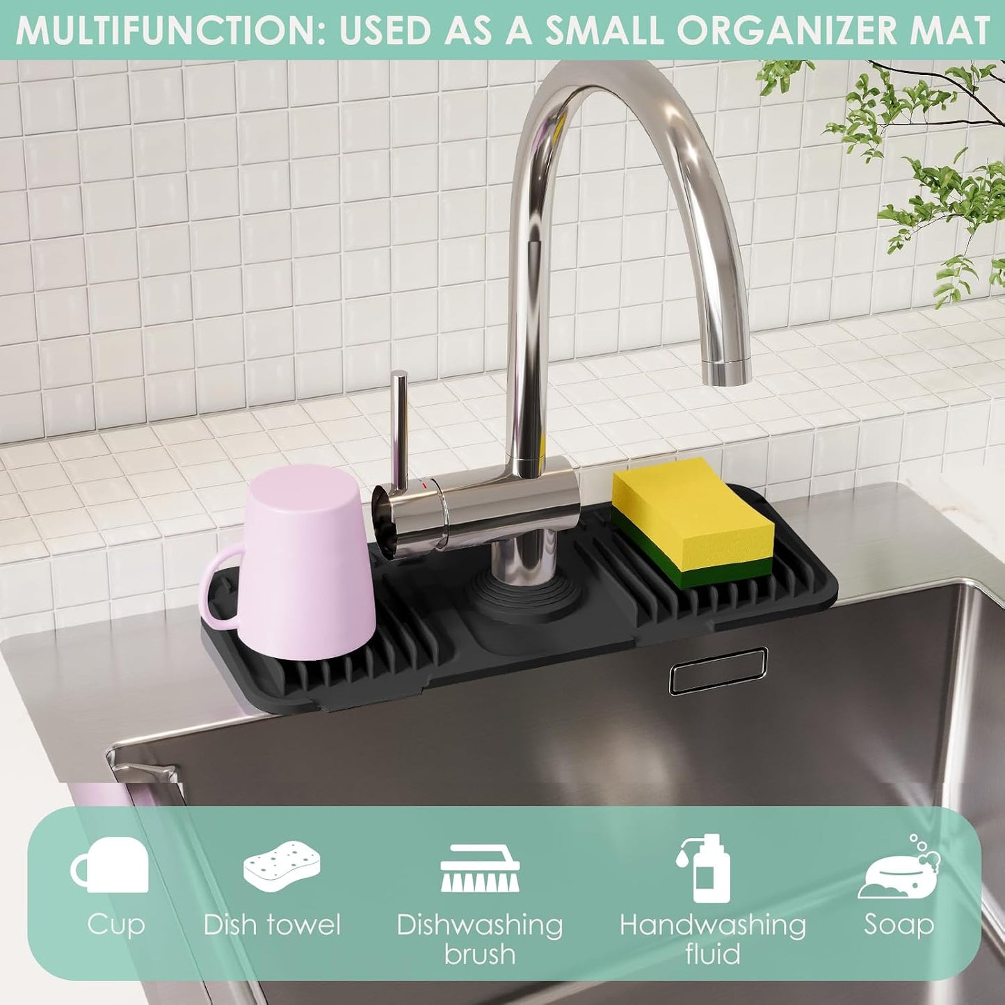 24-Inch Silicone Faucet Mat for Kitchen Sink Splash Guard, 7° Slope | 24"x5.5" water draining mat with fasten button; 1.6-2.75" customizable hole for bathroom, RV & kitchen sink drip catcher.