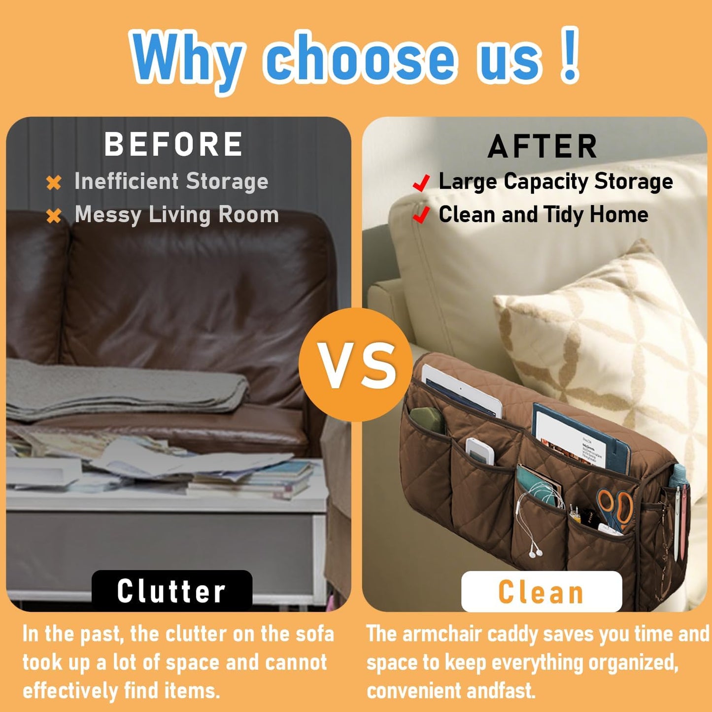 Armchair Caddy, Remote Control Holder for Recliners, Sofa Armrest Organizer, Non Slip Recliner Organizer, Couch Caddy with 14 Pockets Storage for TV Remote, Phone, Magazine (Brown)