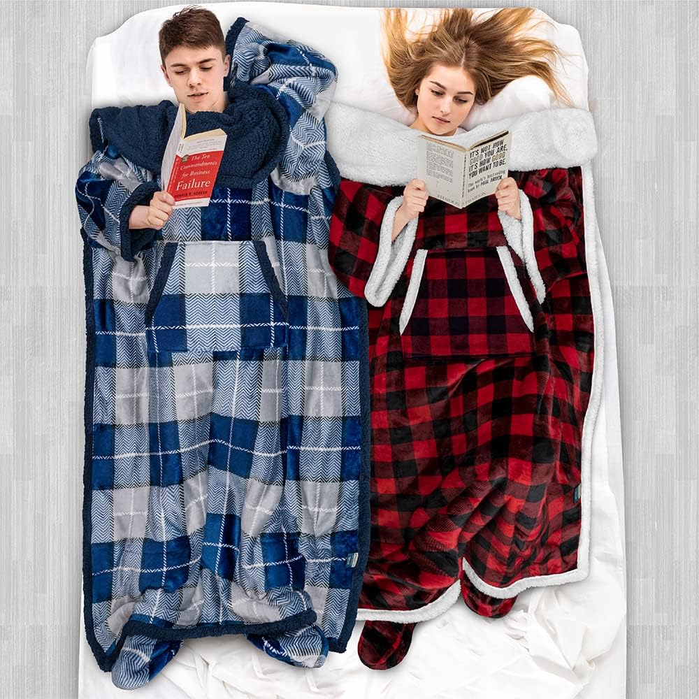 PAVILIA Fleece Blanket with Sleeves, Foot Pockets for Women Men Adults, Plush Wearable Blanket Throw Wrap, Warm Snuggle Blanket Robe, Cozy Gift Ideas Wife Mom, Dark Purple