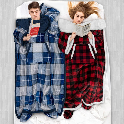 PAVILIA Fleece Blanket with Sleeves, Foot Pockets for Women Men Adults, Plush Wearable Blanket Throw Wrap, Warm Snuggle Blanket Robe, Cozy Gift Ideas Wife Mom, Dark Purple