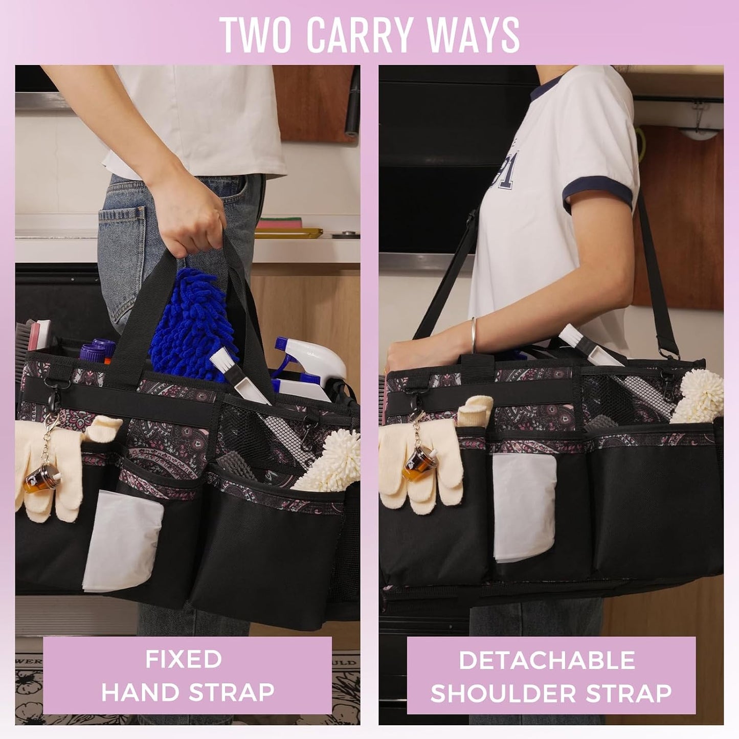 SCAVATA Wearable Cleaning Caddy, Cleaning Caddy Supplies Organizer with Handle & Shoulder Straps for Housekeepers, Under Sink & Car Cleaning Tool Organizers Bag with 4 Foldable Divider (NavyBlue)