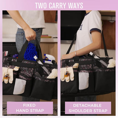 SCAVATA Wearable Cleaning Caddy, Cleaning Caddy Supplies Organizer with Handle & Shoulder Straps for Housekeepers, Under Sink & Car Cleaning Tool Organizers Bag with 4 Foldable Divider (NavyBlue)