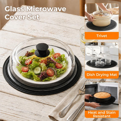UFORU 10 Inch Glass Microwave Splatter Cover For Food With Steam Vent | Plate Cover,BPA Free Borosilicate Glass Microwave Lid,Silicone Handle,Dishwasher-Safe Splatter Guard for Bowls Plates