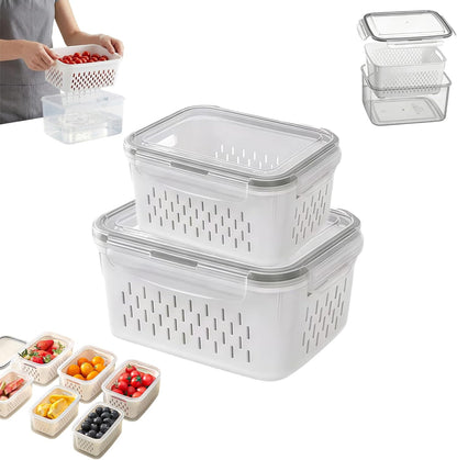 Fruit Storage Containers for Fridge, 4 in 1 Food Storage Container with Removable Colander, Airtight Produce Saver, Stackable Fridge Organizer for Wash, Drain & Store (Gray, S)