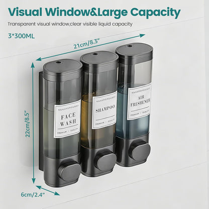 Wall Mounted Shower Soap Dispenser 3 Chamber,No Drill Shower Dispenser | Shampoo and Conditioner Dispenser for Bathroom Hotel Large Capacity, each 300ml with two waterproof labels,Gold