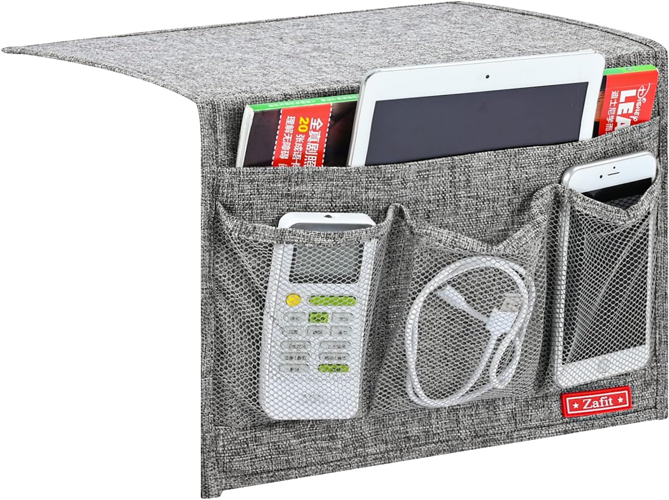 Zafit Linen 4 Pockets Bedside Caddy, Bedside Storage Organizer for Magazine, Remotes, Phone (Beige, Classic 4 Pockets)