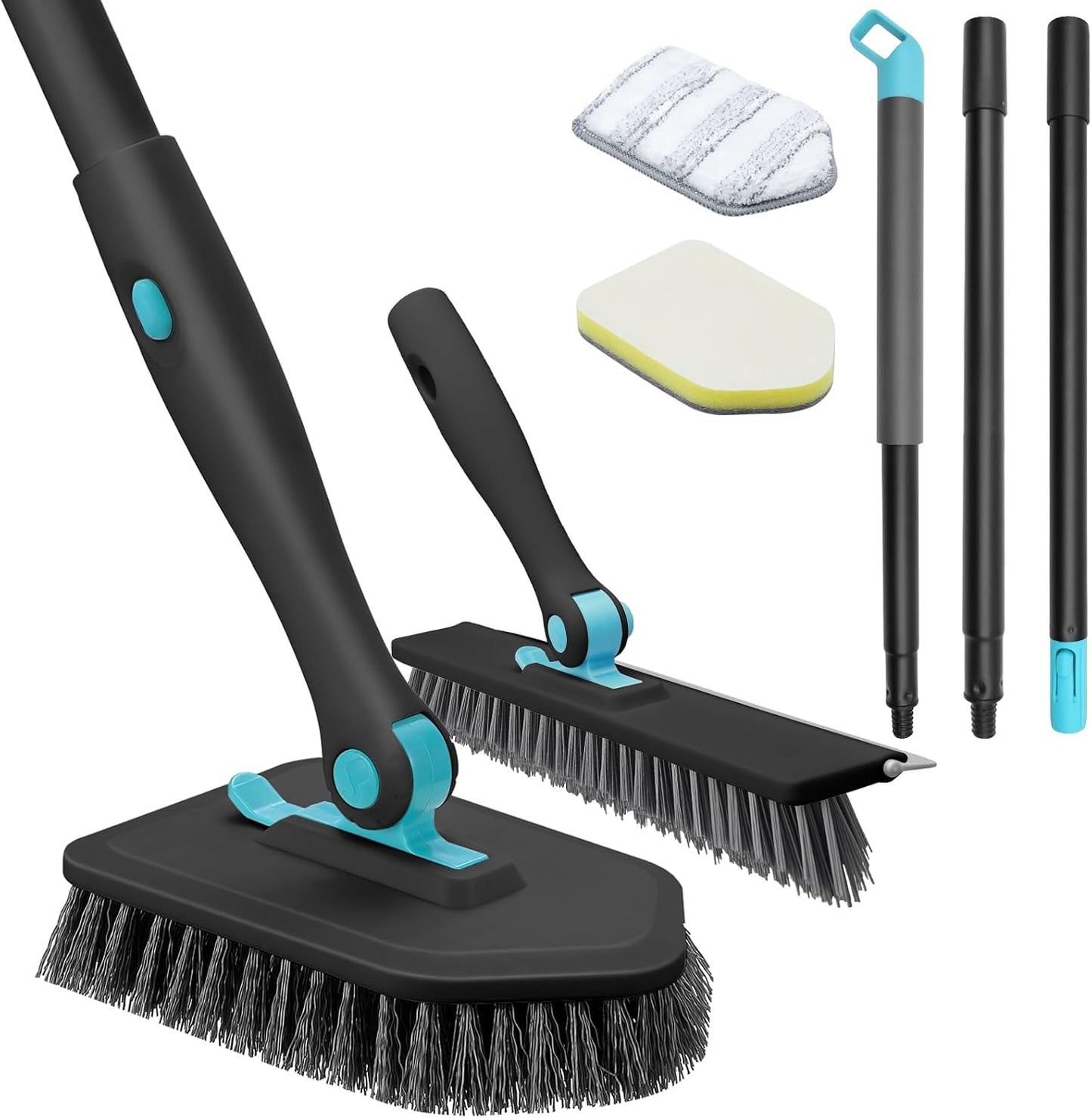 nacena Shower Scrubber with Long Handle, 4 in 1 Tile Tub Scrubber Brush with 3 Detachable Cleaning Heads and V-Shaped Grout Brush Shower Cleaner Brush for Bathroom Kitchen Toilet Tub Sink Wall, Black