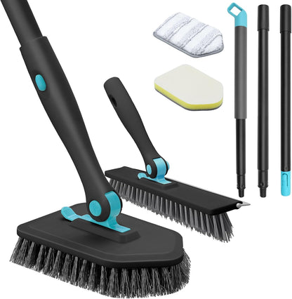 nacena Shower Scrubber with Long Handle, 4 in 1 Tile Tub Scrubber Brush with 3 Detachable Cleaning Heads and V-Shaped Grout Brush Shower Cleaner Brush for Bathroom Kitchen Toilet Tub Sink Wall, Black
