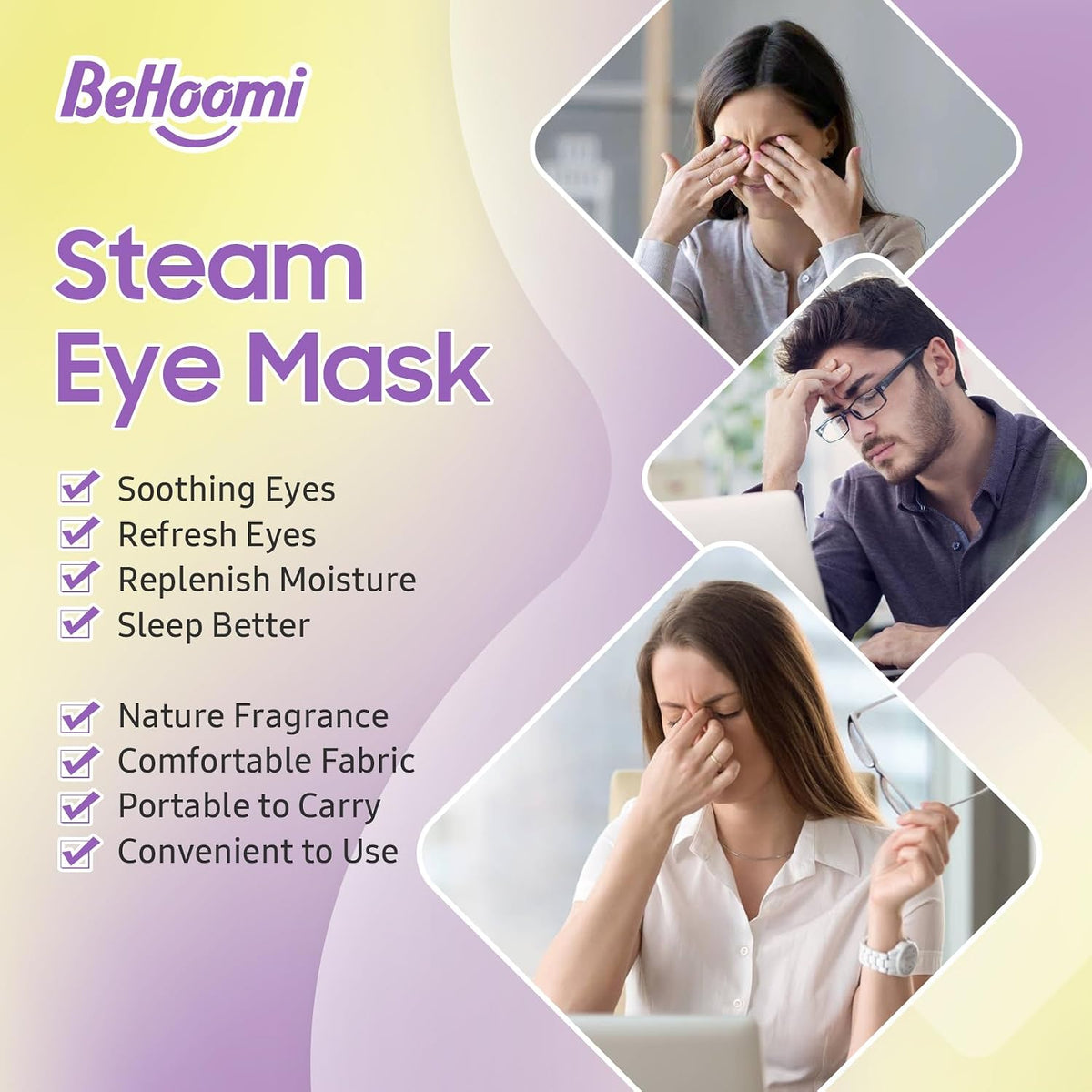 BeHoomi Steam Eye Mask, 10Packs Heated Eye Mask, Self Heating Disposable SPA Warm Compress for Eyes Sleep Mask, Travel Essentials & Relaxation Gifts for Women (Lavender Scent)