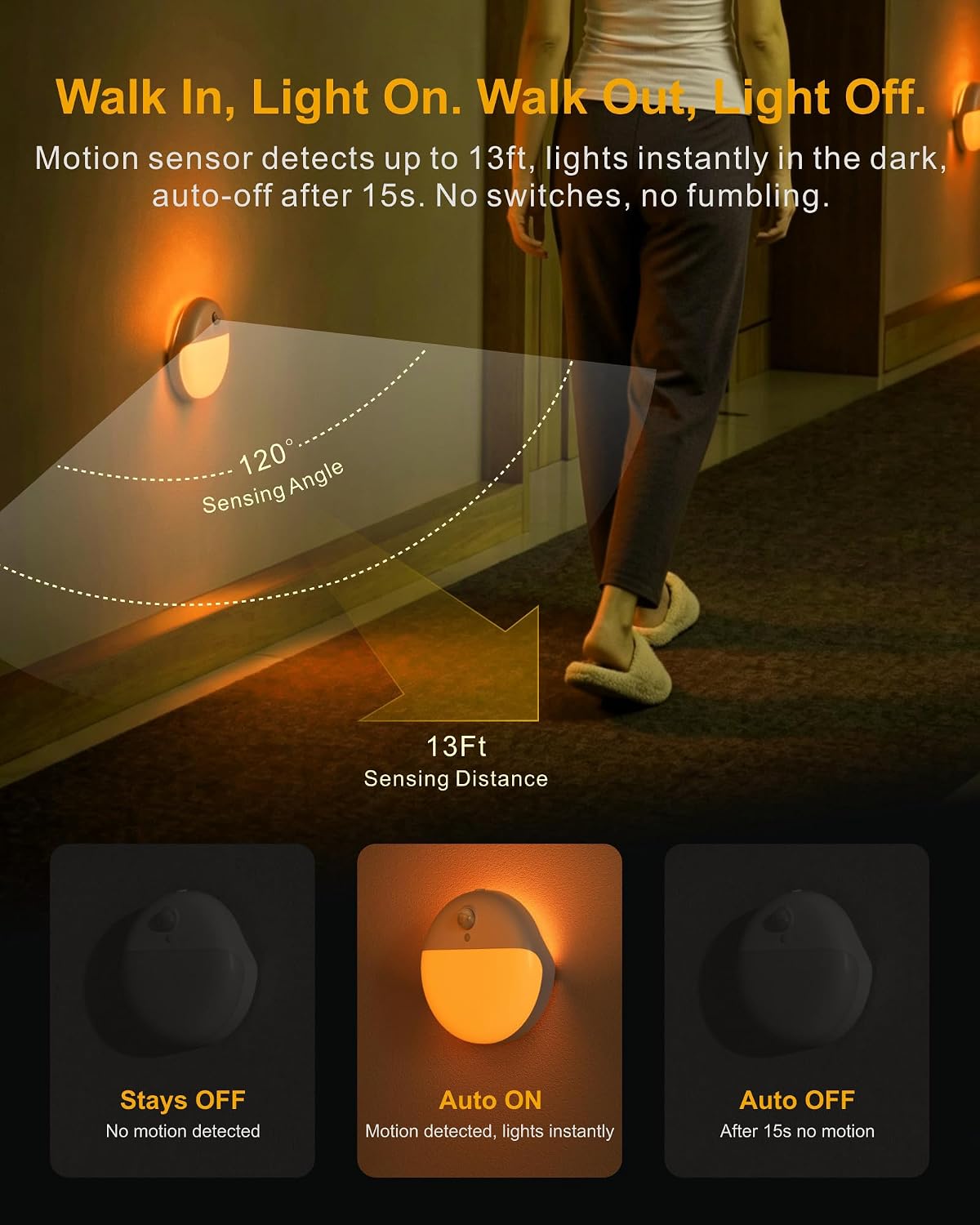 Small Motion Sensor Amber Night Light Battery Operated, Toilet Light | 2 Pack, 3 Modes, Dimmable 1-15lm, Dim Light Soft Glow, No Plug, Wireless Stick on Light for Bedroom, Sleep, Bathroom, Kids